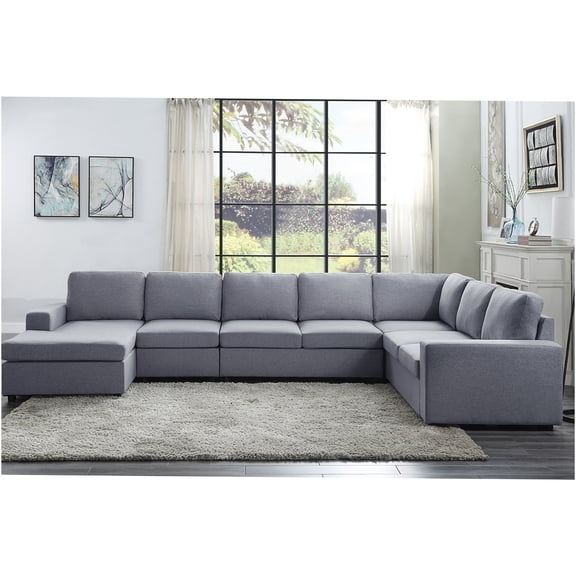 JERFIT Light Gray Linen Reversible Modular Sectional Sofa with Chaise, 7-Piece Convertible L-Shaped Couch for Living Room