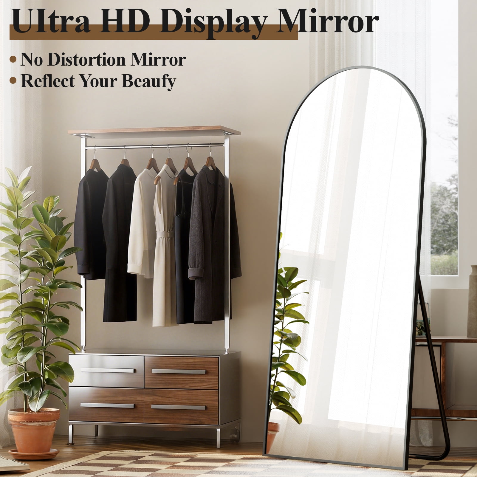 AUROMIR 56"x21" Arched Full Length Mirror Floor Mirror Full Body Standing Mirror, Black