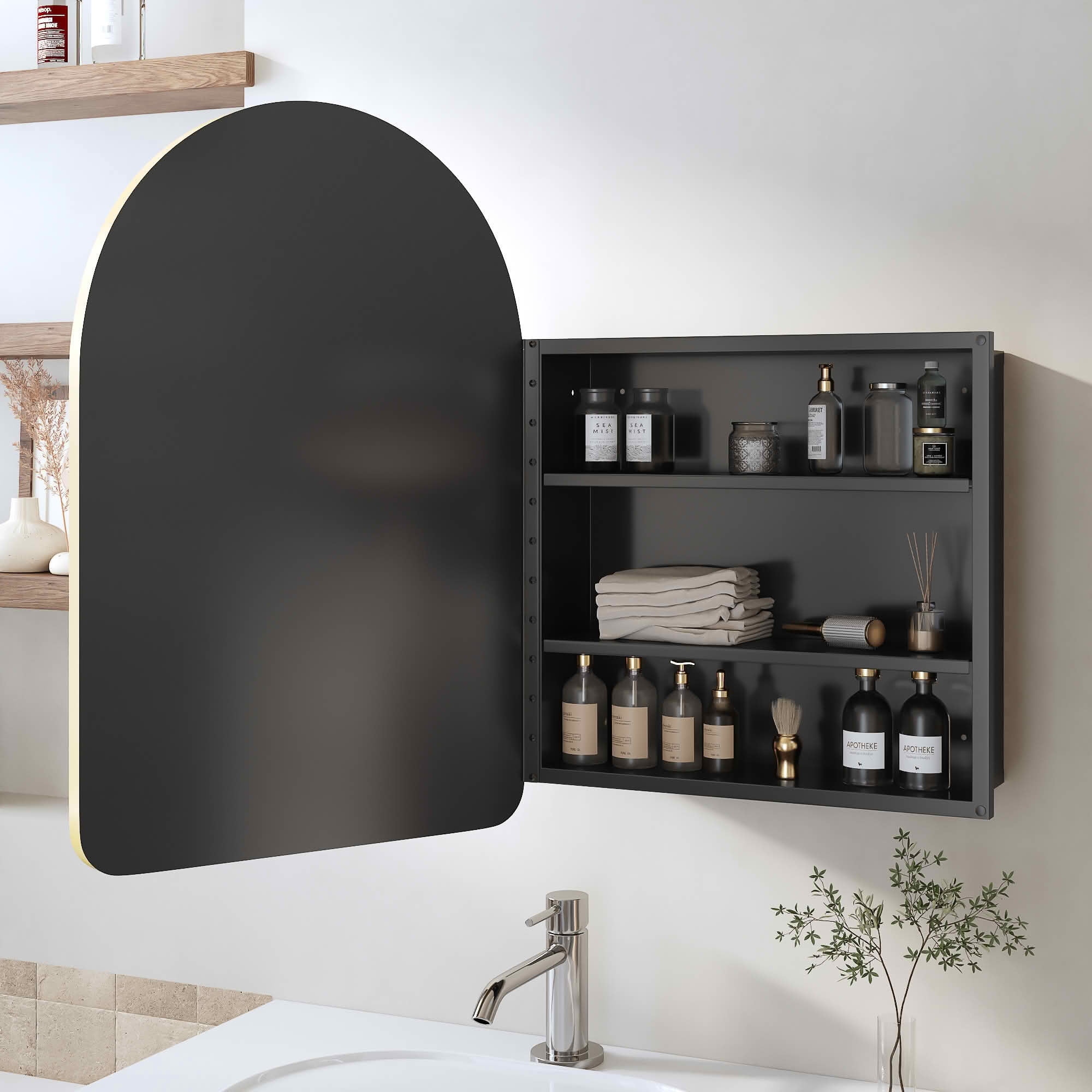 MAYEERTY 24x16x5 Inch Gold Metal Round Corner Arched Medicine Cabinet for Bathroom