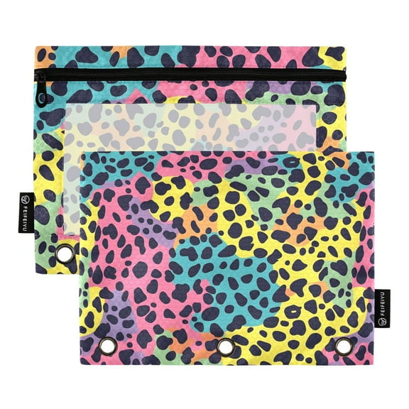 Polychrome Leopard 2 Pack Pencil Pouch for 3 Ring Binder Smooth Zipper Folders with Pockets Clear Window Pencil Case