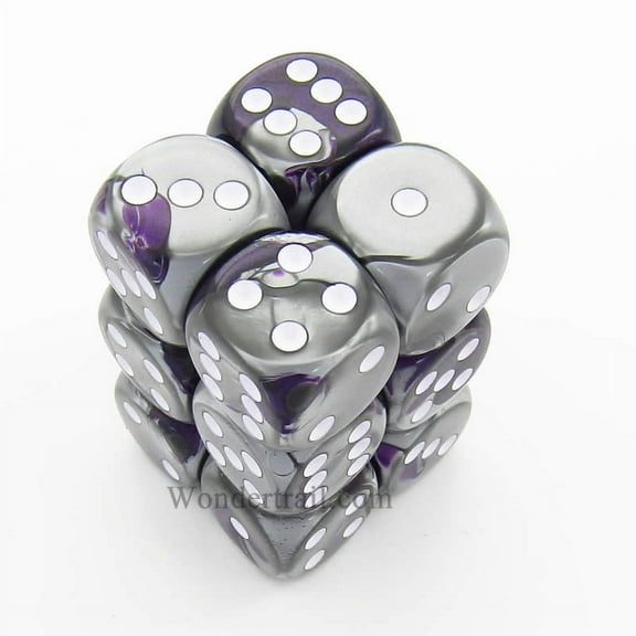 Purple and Steel Gemini Dice with White Pips D6 16mm (5/8in) Pack of 12 Chessex