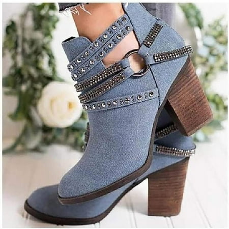 

ERTUTUYI 2022 Women s European And American ACross Border Coarse Heel High Heel Sleeve Rhinestone Decorative Short Boots Blue 38