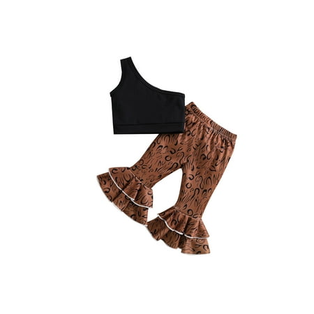 

Suanret Toddlers Infants Girls Summer 2Pcs Streetwear Sets Black One Shoulder Ribbed Tops Layered Ruffle Flared Pants Black 4-5 Years