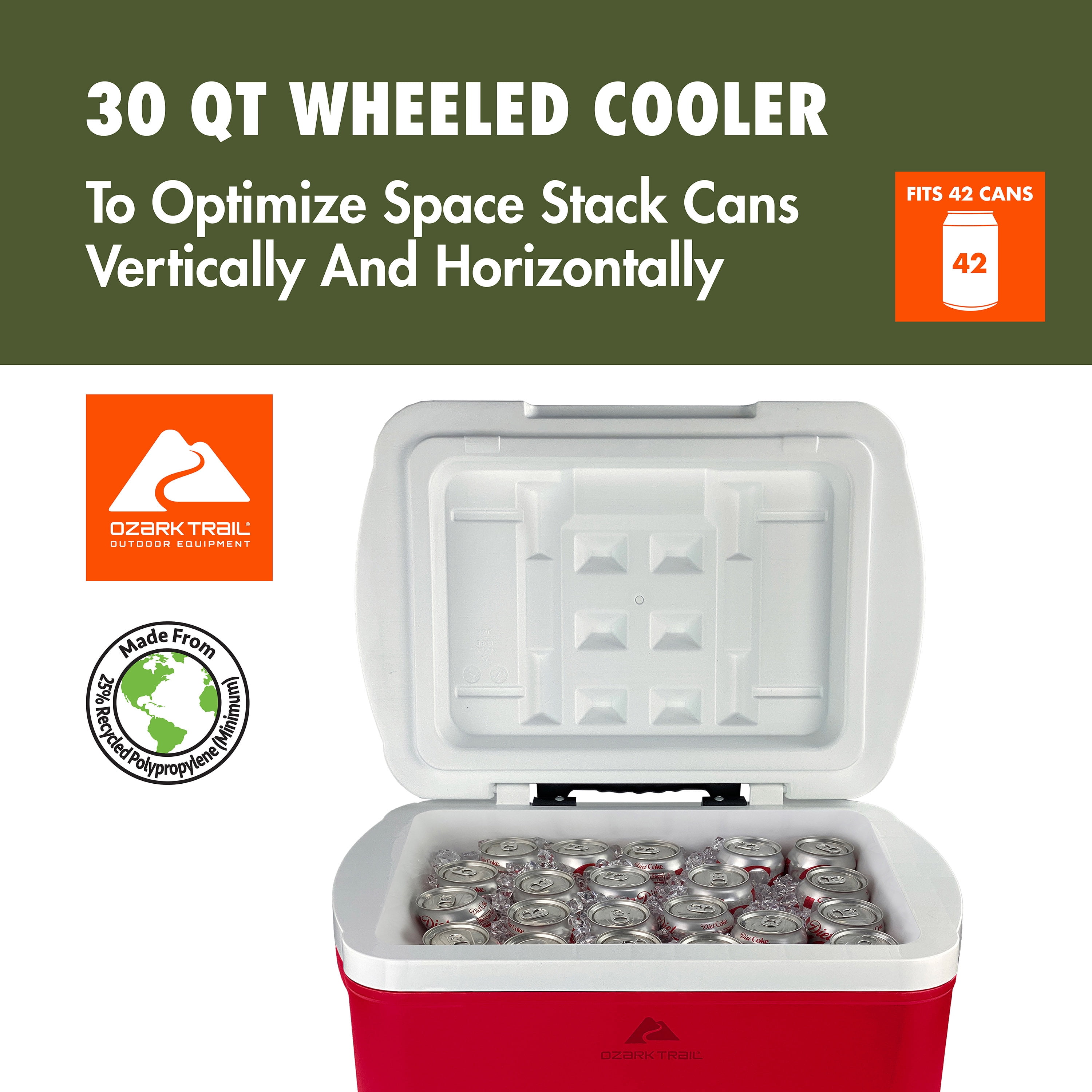 Ozark Trail 30 Qt Hard-Side Wheeled Cooler, 42-Can, Red