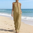 thumbnail image 2 of Ahabrexf Summer Casual Jumpsuits for Women, Shoulder-Baring Deep V Neck Wide Leg, Linen Mixed Sleeveless Casual Jumpsuit with Pockets for Vacation, 2 of 9