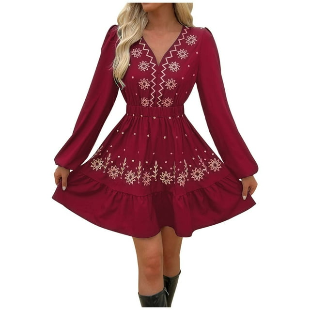 Robe Brodée pour Femmes, Manches Longues, Col en V Profond, Longueur Maxi Élégante, Polyester Doux, pour Fête, Invité de Mariage
