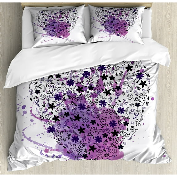 Romantic Duvet Cover Set, Watercolor Splashes Heart Sketch Valentine's Day Love Romance Pattern, Decorative 3 Piece Bedding Set with 2 Pillow Shams, King Size, Purple and Dark Purple, by Ambesonne