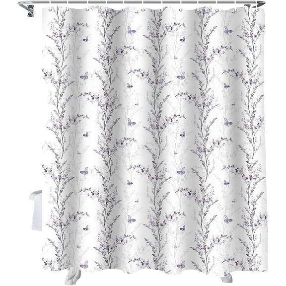 Shower Curtain Purple Floral Butterfly Bath Curtain Sets For Bathroom Washable, Polyester Fabric With Hooks 36"W x 72"L