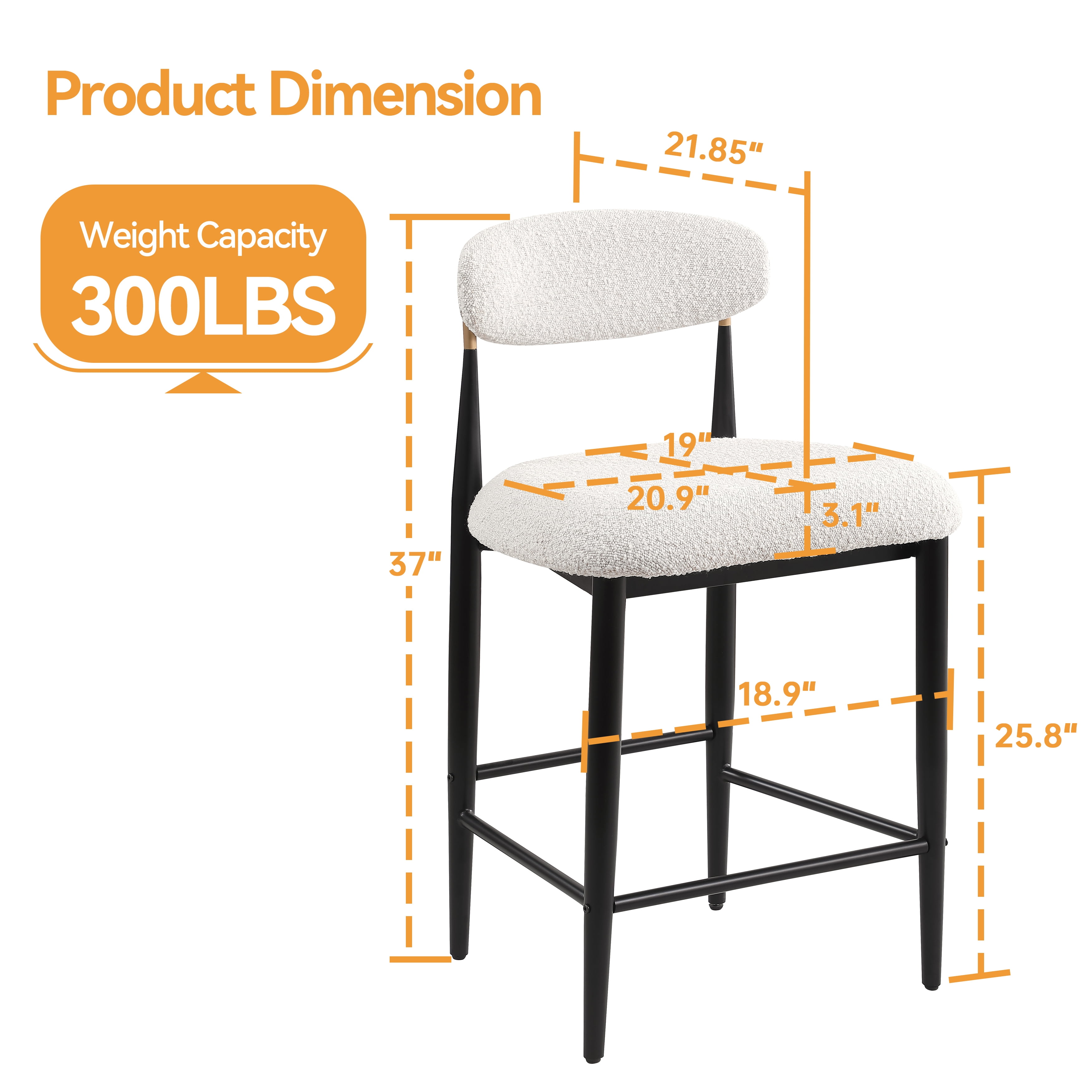 Morden Fort Counter Height Bar Stools Set of 2, 26" Boucle Barstools with Backrest and Metal Legs, Island Chairs for Kitchen Island, Dining Room