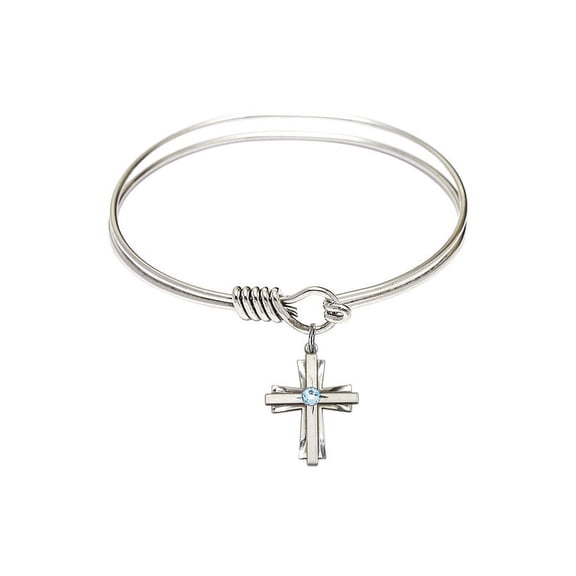 6 1/4 inch Round Eye Hook Bangle Bracelet w/ Cross medal charm w/ March Blue Swarovski Crystal