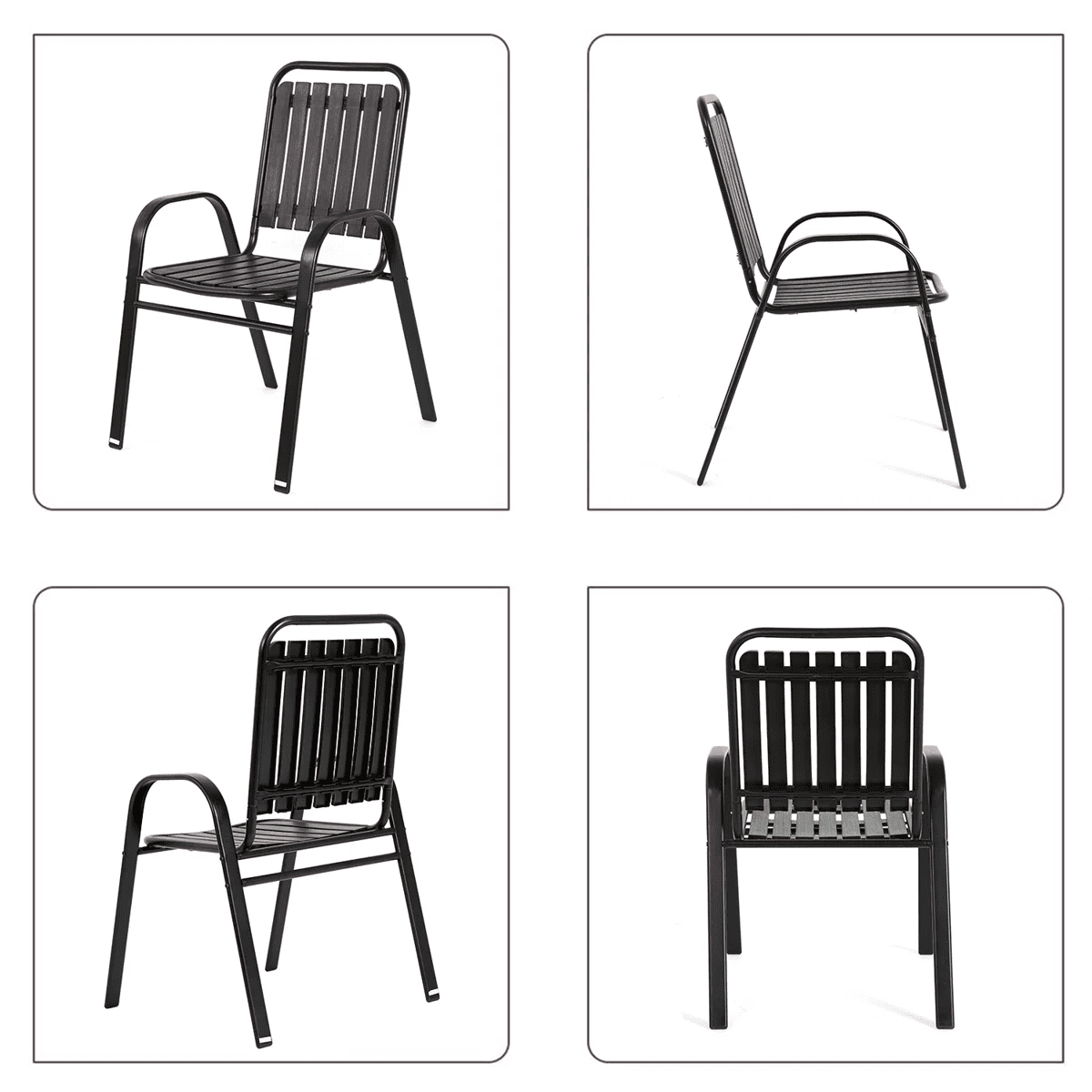 Seizeen Outdoor Dining Set for 6, Plastic Wood Patio Furniture Set with Steel Frame, Space-saving Dining Table and Chairs Stockable Design, All-weather Porch Garden Yard Conversation Furniture, Black