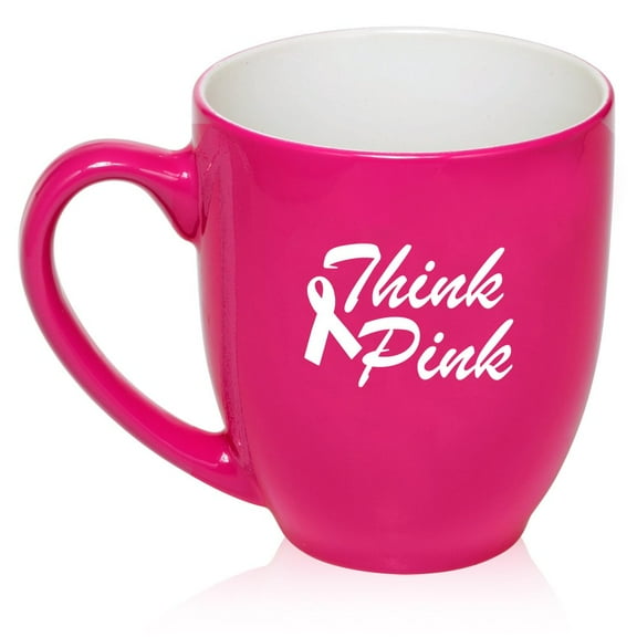 16 oz Hot Pink Large Bistro Mug Ceramic Coffee Tea Glass Cup Think Pink Breast Cancer