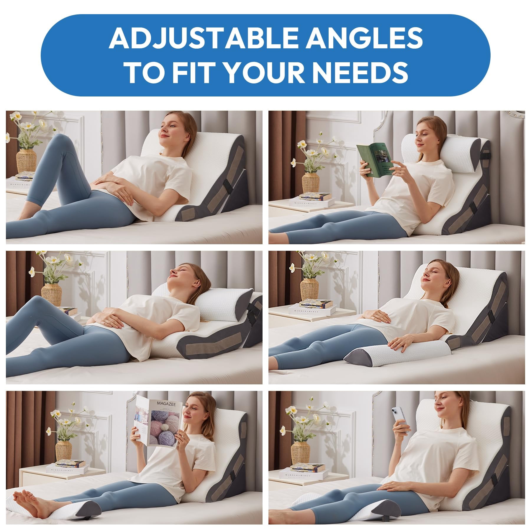 3pcs Wedge Pillow Set For After  Bed Sitting Up 10-in-1 Foam Acid Reflux & White