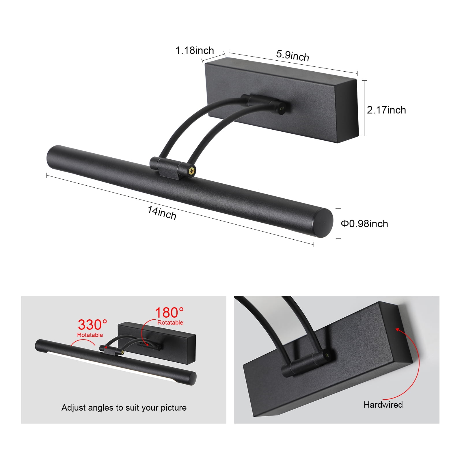 Hardwired Black Picture Light – 14-Inch LED Wall Sconce for Artwork, Dart Board Lights, Mirror Frame, and Gallery Display