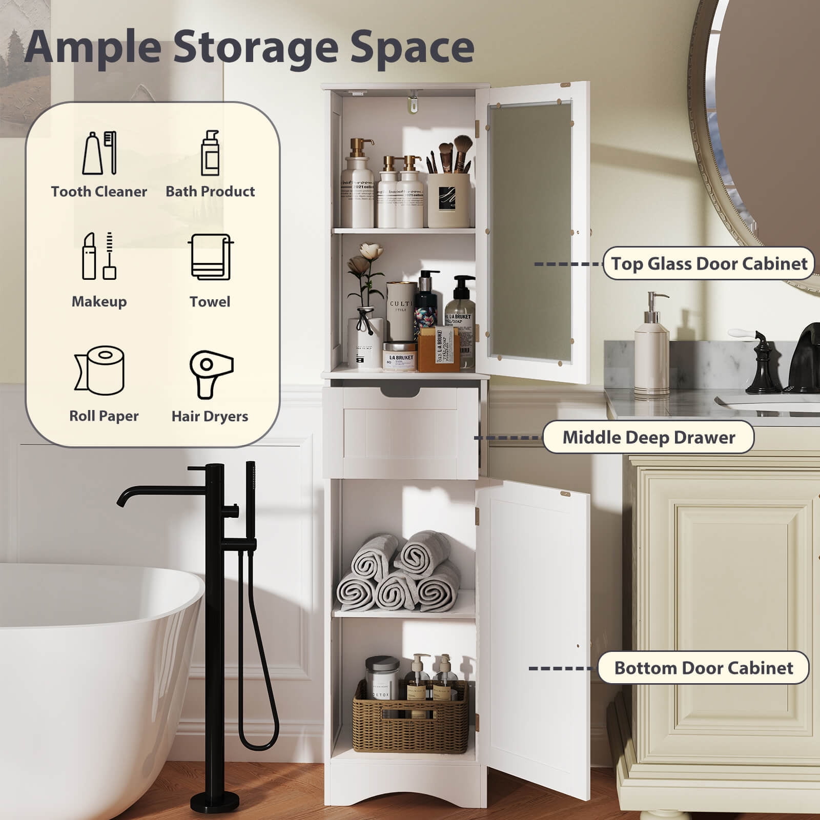 Costway 67" Tall Slim Bathroom Cabinet with 2 Adjustable Shelves 2 Doors and 1 Drawer White