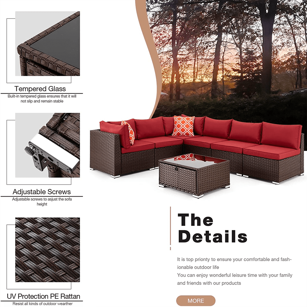 Orol 7-Piece Outdoor Sectional Wicker Patio Furniture Conversation Sofa Set, Wine Red