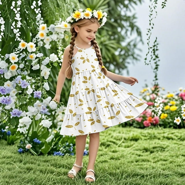 LOVZFMLL Robe d'Été Sans Manches à Bretelles Boho pour Fillettes, 4-14 Ans