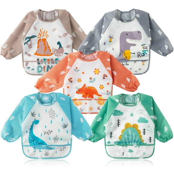 5 Packs Dinosaur Long Sleeved Baby Toddler Bibs Waterproof Washable Stain and Odor Resistant- Colorful Cute Smock for Baby Aged 9-36 Months