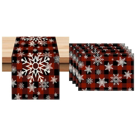 Beautynvta 5 Pcs Christmas Table Runner and Placemats Set, White Snowflakes Red Black Buffalo Plaid Table Runner Xmas Placemats for Holiday Kitchen Dining Room Decor