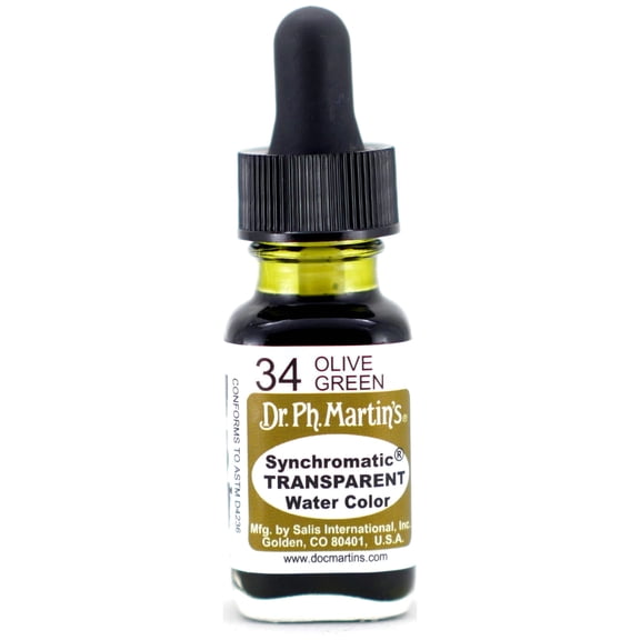Dr. Ph. Martin's® Synchromatic Transparent Water Color (34) Watercolor Bottle, ½ US fl oz, Olive Green, 1 Bottle