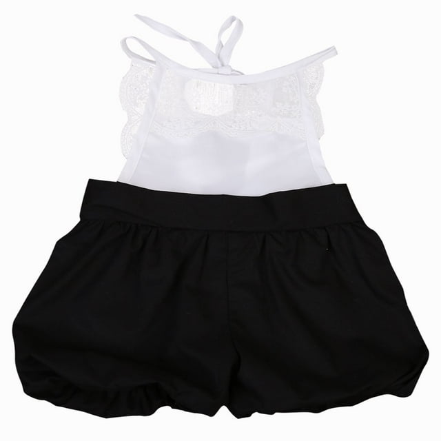 Combinaison pour Bébés Filles Princesse Dentelle Sans Manches Patchwork Shorts à Bandage en Maille