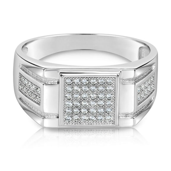 Tilo Jewelry Solid 925 Sterling Silver Pave Square Signet Ring, Statement Pinky Wedding Band Ring | Size 9 | Classic Engagement Ring for Men