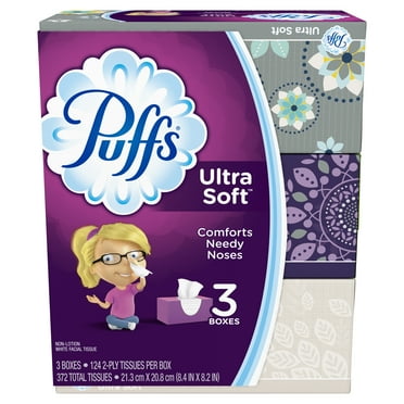Puffs Ultra Soft Non-lotion Facial Tissues, 3 Family Boxes, 124 Tissues per Box