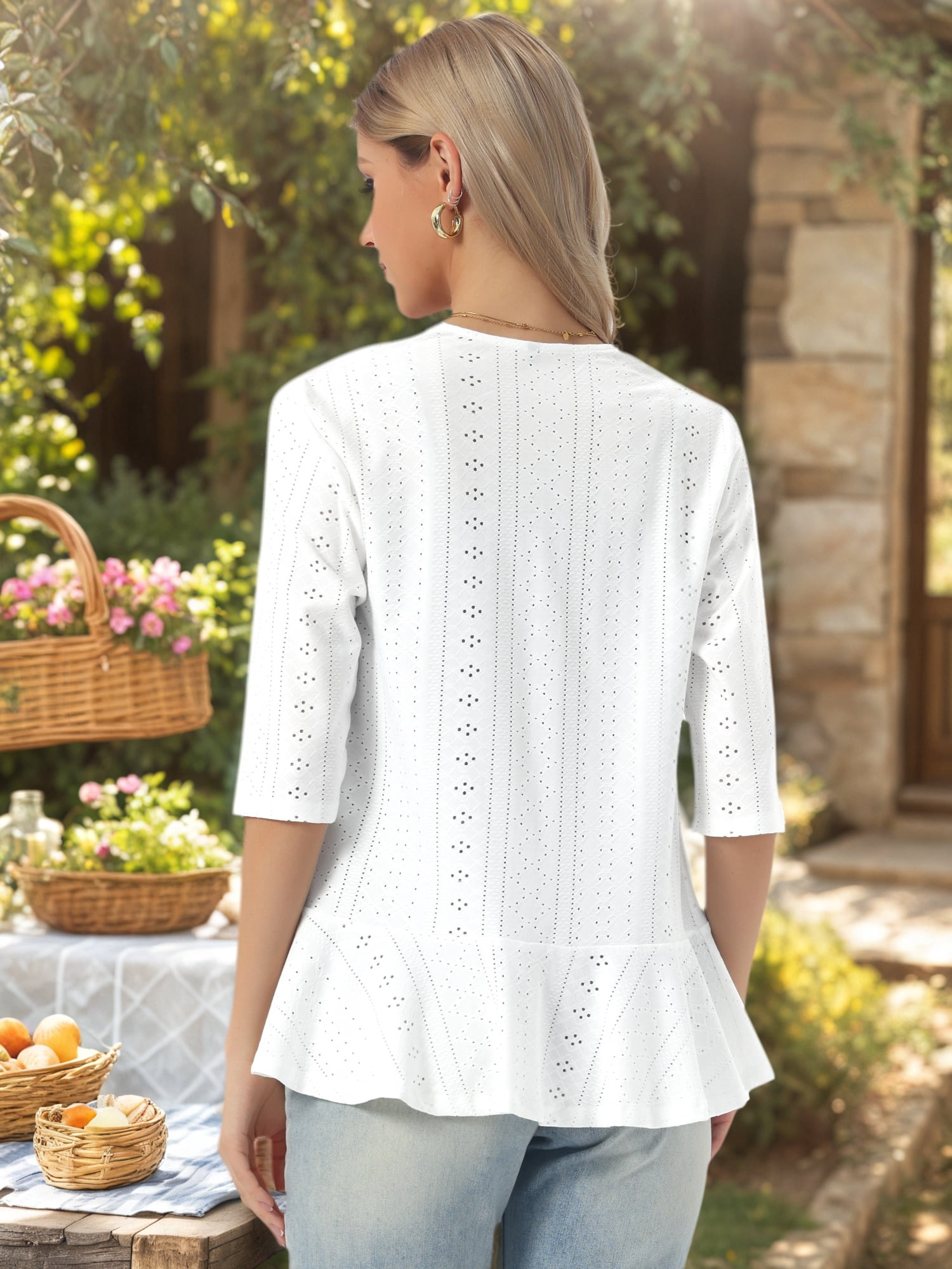 DARING DIVA Women's Lightweight 3/4 Sleeve Open Front Ruffle Cardigan L White