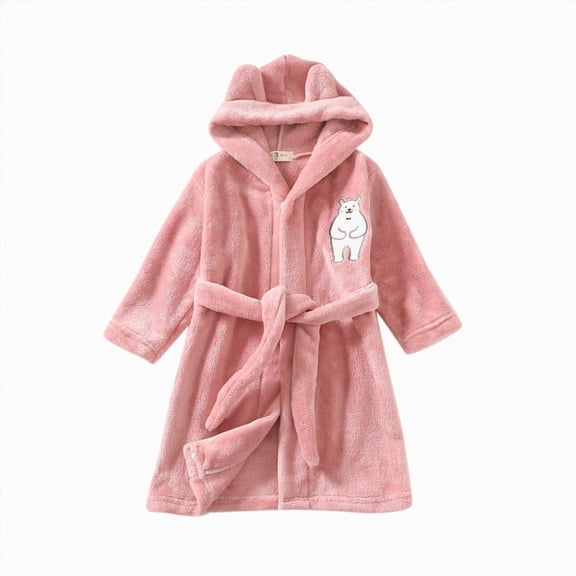Toddler Boys Girls Flannel Bathrobes Kids Soft Hooded Sleepwear Cartoon Print Night-robe 2T 3T 4T 5T 6T 7T 8Y to 12T Kids Flannel Hooded Bathrobe Toddler Plush Robes With Belt,Pink,Size 1-2T