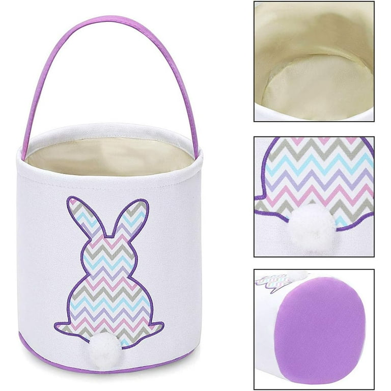 Easter Basket With Bunny Design - Large Cotton Easter Buckets For Kids Egg Hunting & Candy Collection