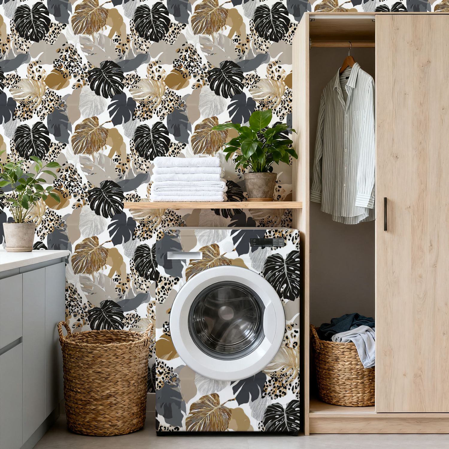 Peel and Stick Wallpaper 17.7in x 9.8ft Monstera Leaves Leopard Print Seamless Earth Tones Contact Paper Vinyl Self-Adhesive Removable Wall Paper for Bedroom DIY Home Decor Renter Friendly