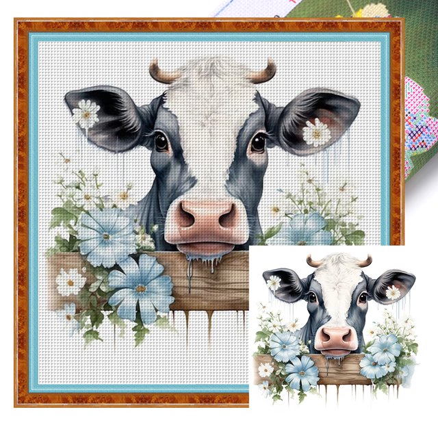 (2) Hilo Algodón Ecológico Bordado 11CT 3 Hebras Impresión Kit Serie Punto Cruz Flores Y Ganado 50x50cm