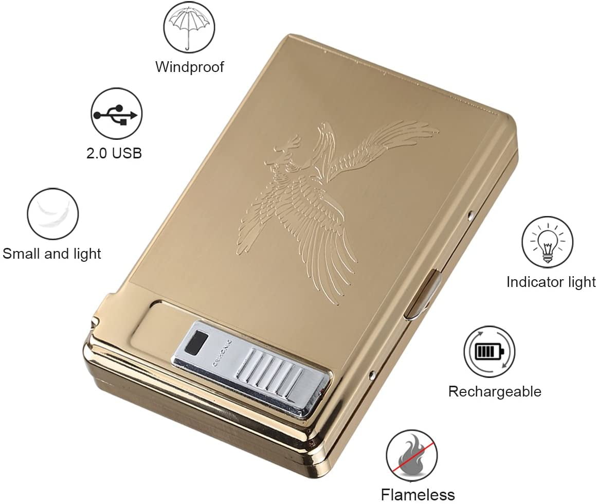 Moonwbak Cigarette Case Lighter, Metal Full Pack 20 Regular Cigarettes Box Holder USB Rechargeable Cigar Lighter Flameless Windproof with USB Cable Best for Birthday Gifts (Eagle)