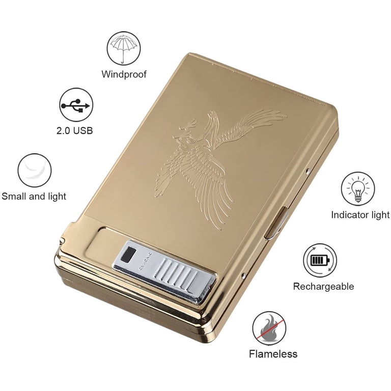 pak n lite cigarette case Moonwbak Cigarette Case Lighter, Metal Full Pack 20 Regular Cigarettes Box  Holder USB Rechargeable Cigar Lighter Flameless Windproof with USB Cable  Best for Birthday Gifts (Eagle)