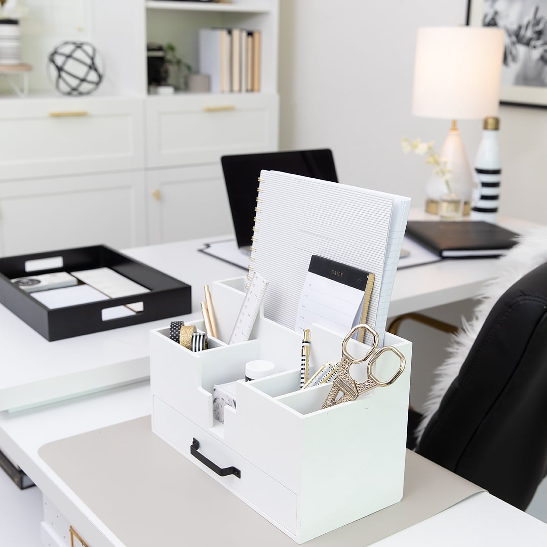 Blu Monaco Office Desk Accessories and Workspace Organizers Storage- White Wood Desk Organizer - Makeup Bathroom Organizer Countertop Organization – Dorm Room Décor