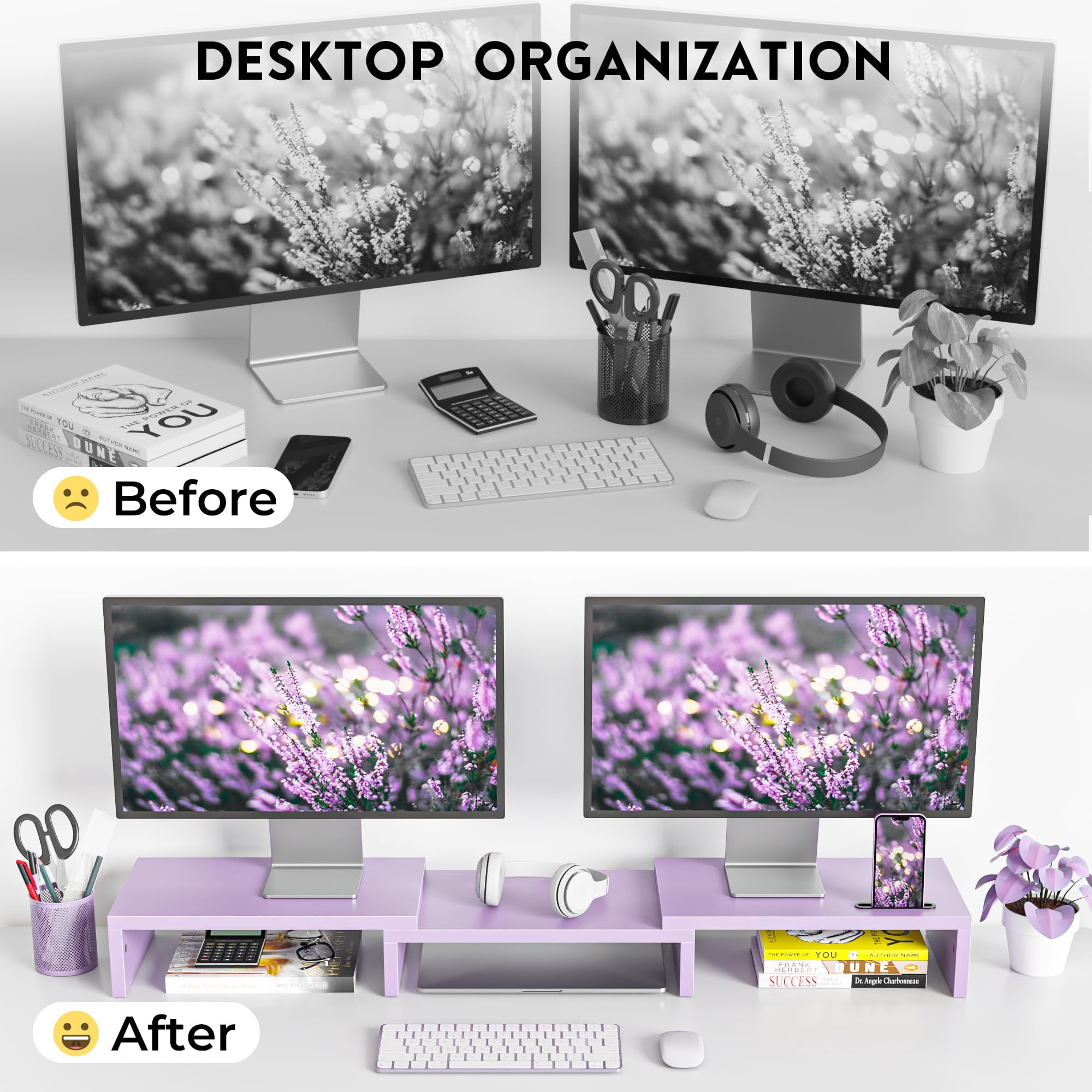 BONTEC Dual Monitor Stand Riser with Smartphone Holder, Adjustable Length & Swivel Angle, Ergonomic Wooden Desktop Organizer for PC Monitor, Laptop, Printer, Large Storage, Purple