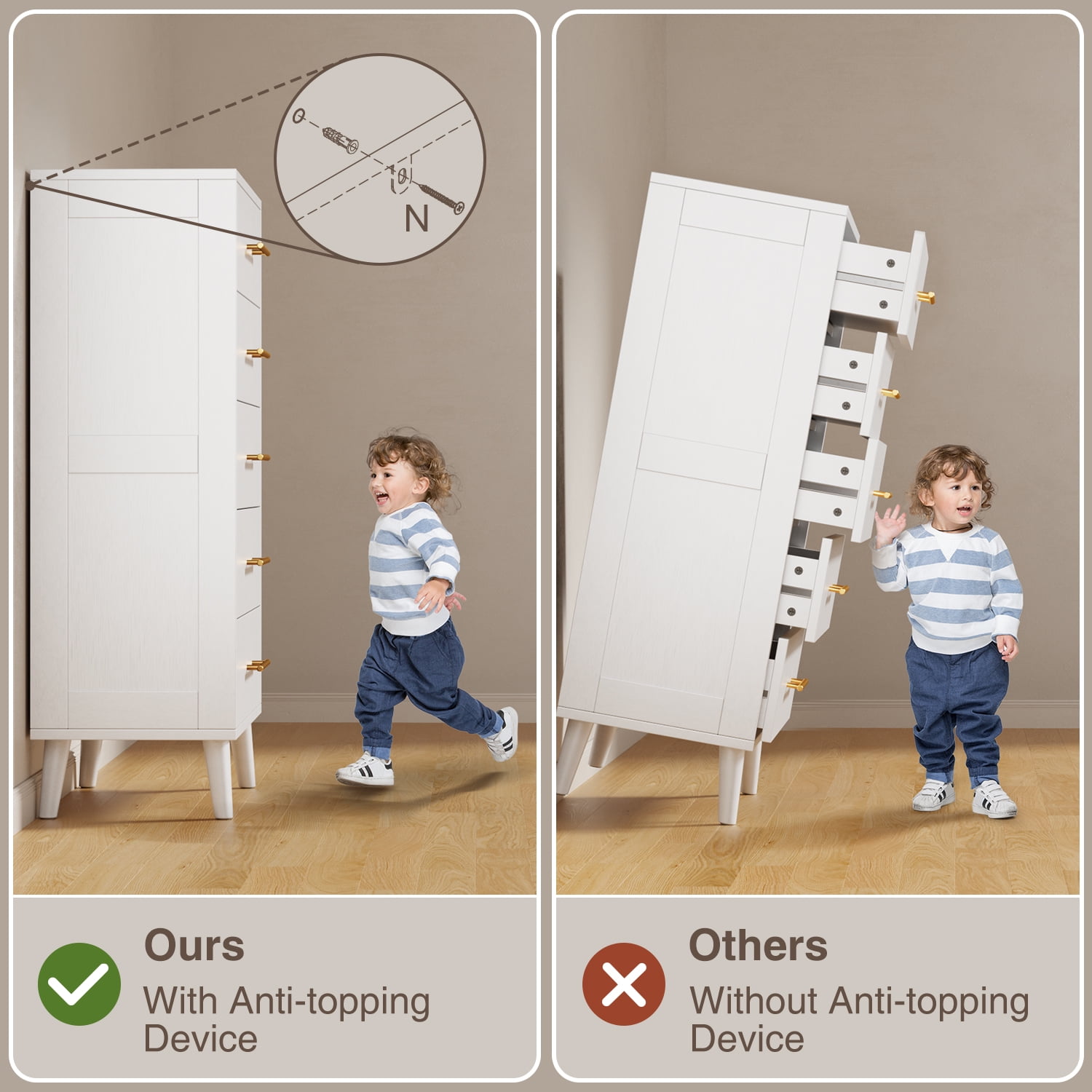 Dresser for Bedroom, Lofka 5 Drawers Dresser Gold Metal Handle, Wood Storage Cabinet for Living Room, White