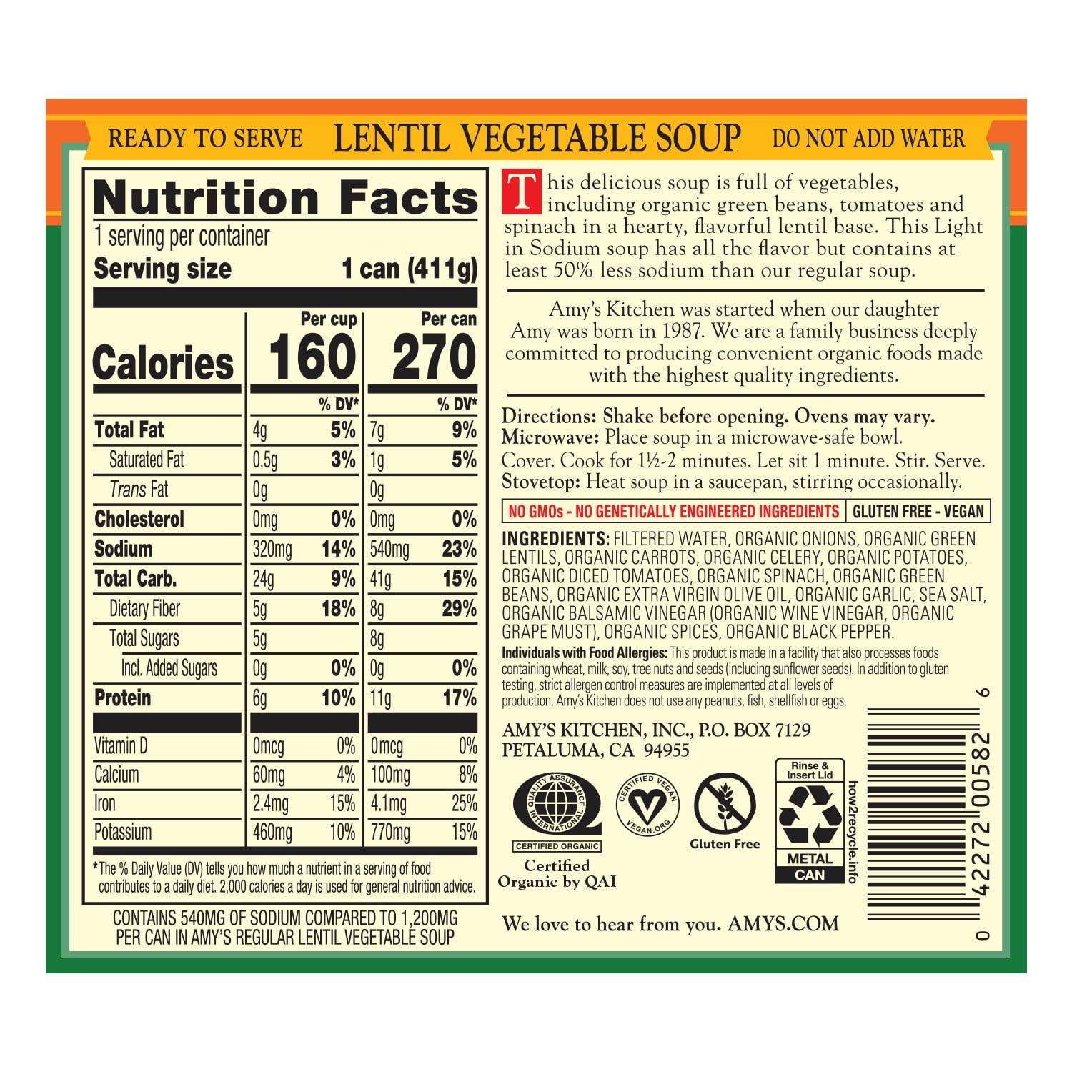 (2 pack) Amy's Light in Sodium Organic Lentil Vegetable Soup, Gluten Free & Vegan, 14.5 oz