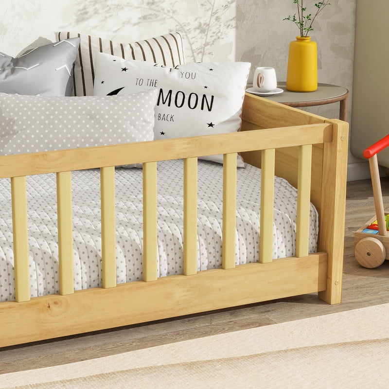 Mirightone Twin Size Floor Bed with Rails, Wood Montessori Floor Bed with Storage Bookcase, Montessori Bed Frame with Fence, Natural