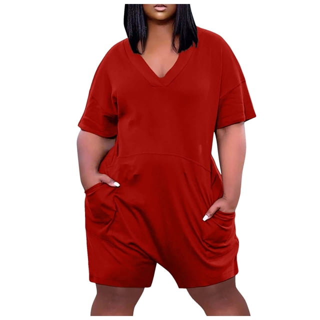 Womens Plus Size Shorts Plus Size Short Jumpsuit for Women V Neck Summer Zip Casual Pocket Knee Short Sleeve with Pockets Plus Size Womens Shorts Shorts Plus Size Women