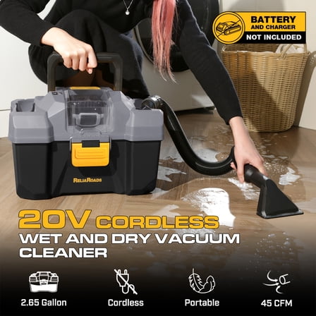 20V Cordless Wet/Dry Vacuum for Dewalt Batteries - 2.6 Gallon, 12.1 Kpa Suction, 6.56ft Hose, 4 Nozzles   Replacement Cartridge - Ideal for Home/Car/Workshop (Battery Not Included)
