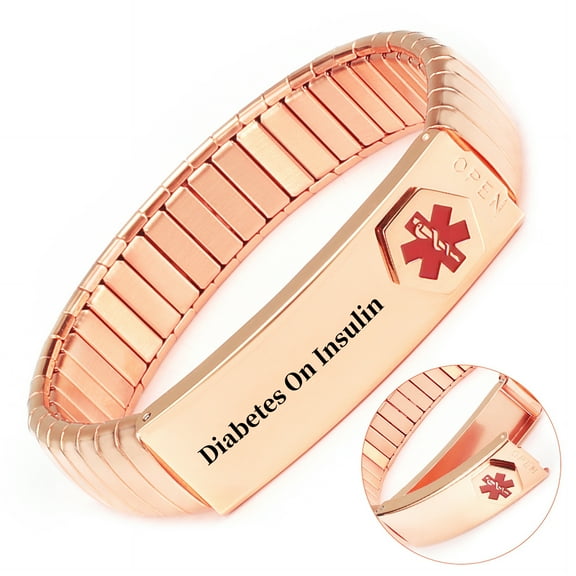Wollet Stainless Steel Medical Alert Bracelet for WoMen, 7 Inch, Rose Gold, Engraved Diabetes On Insulin