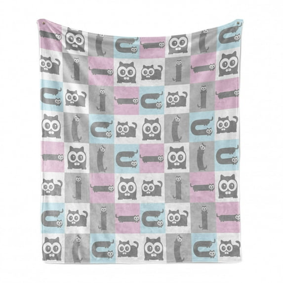 Cat Soft Flannel Fleece Blanket, Checkered Pattern in Pastel Shades with a Kitten Character in Funny Poses Animal Lovers, Cozy Plush for Indoor and Outdoor Use, 70" x 90", Multicolor, by Ambesonne