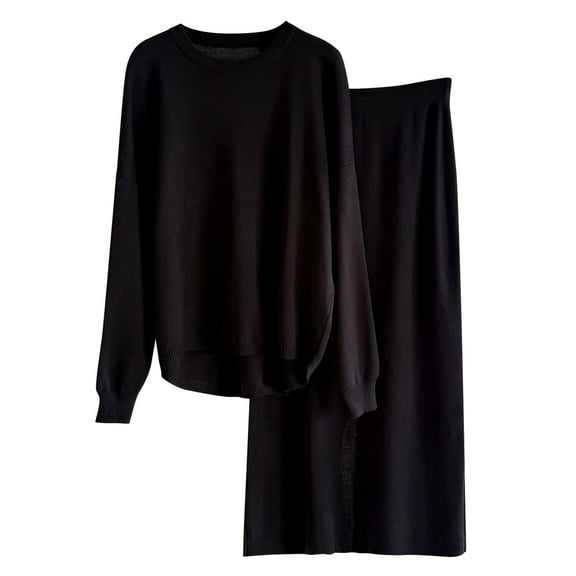 AUNVITO Women's Knitted Long Sleeve Casual Set Solid Color Stretch Comfort Nylon-Spandex Matte Finish Two-Piece Outfit Autumn Winter Lounge