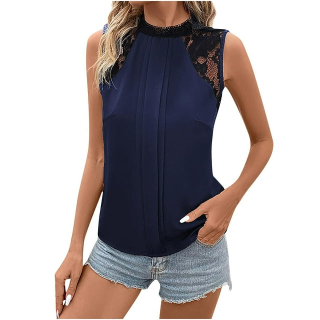 fheaev Liquidation d'Économies d'Été Débardeur d'Été pour Femmes 2025 Hauts de Sortie! T-shirt à Col Rond en Dentelle Patchwork pour Femme Haut Sans Manches Col Rond Chemise Col Rond
