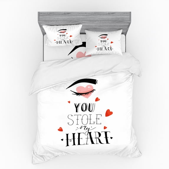 Saying Duvet Cover Set, You Stole My Heart Lettering with Closed Woman Eye and Brow, Bedding Set with Shams and Fitted Sheet, 3 Sizes, by Ambesonne