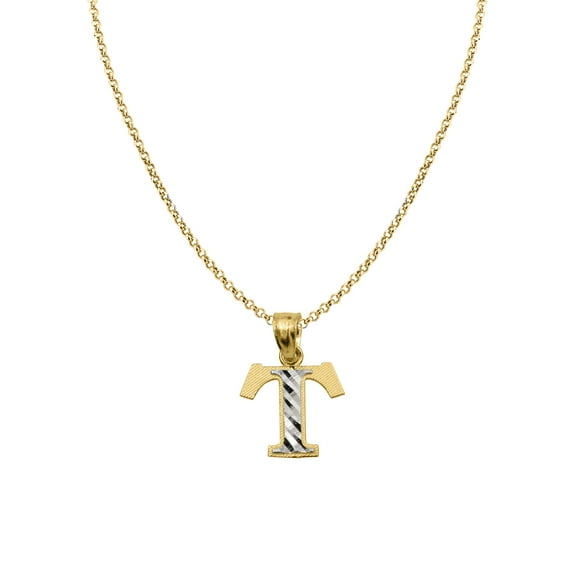 Genuine 14k Two-tone Gold 0.59" Diamond-cut Initial Letter T Necklace 16", 18", 20", 22" Trendy Charm Initial Necklaces for Women