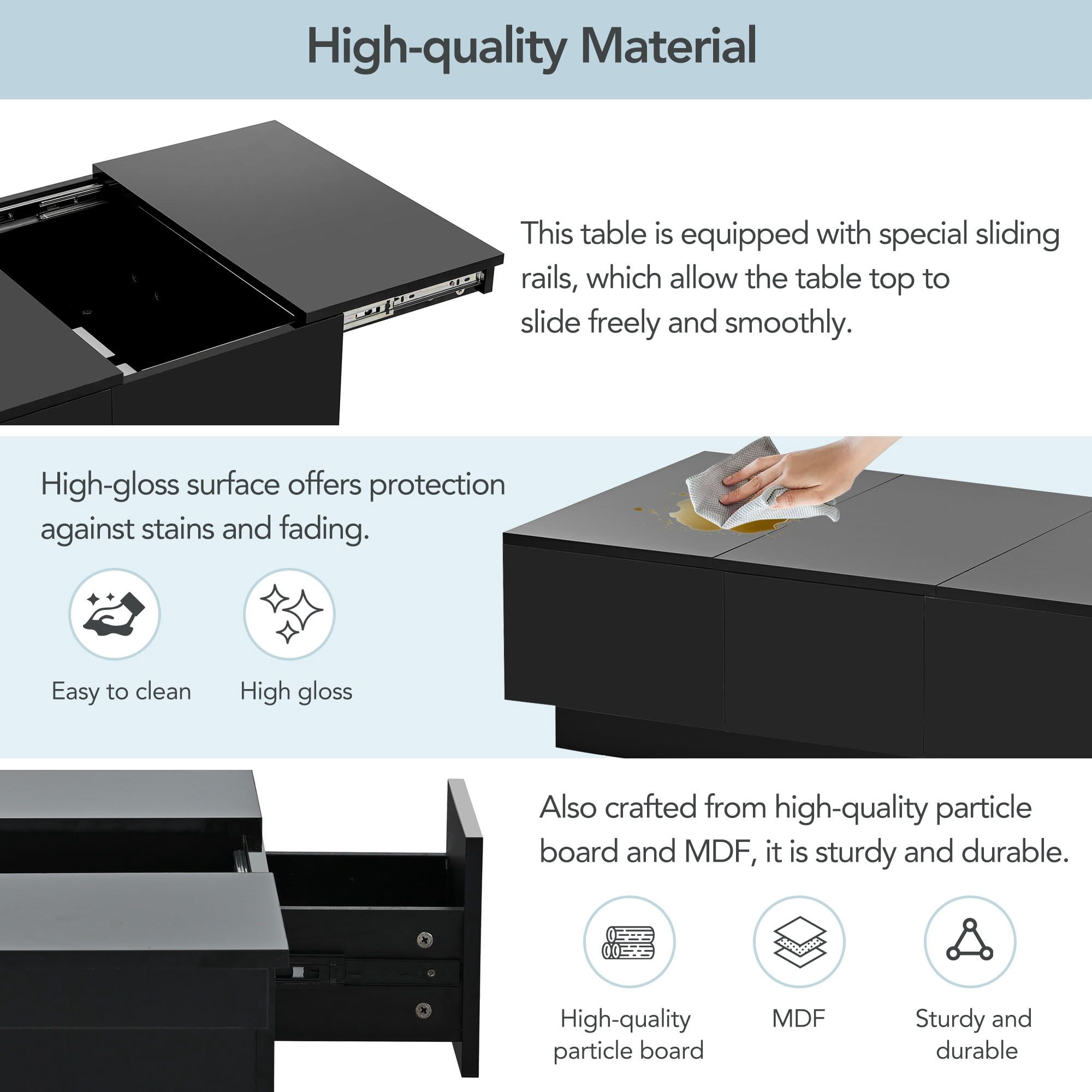 DEALTOPS Modern Coffee Table with Sliding Top and 2 Hidden Storage Compartments, High-gloss End Table with 2 Drawers for Living Room -Black
