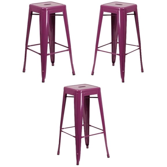 Home Square 30" Metal Backless Bar Stool in Purple - Set of 3
