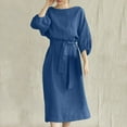 thumbnail image 2 of APEXFWDT Women's 3/4 Sleeve Linen Dress with Belt Summer Casual Crewneck Long Dresses for Women Plus Size Elegant Crewneck A-line Dress for Work Office, 2 of 8